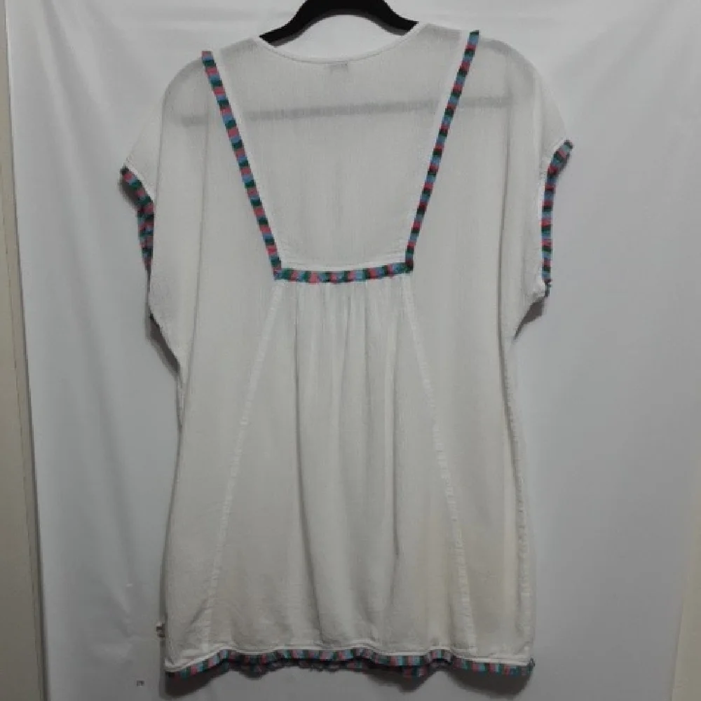 J. Crew White Embroidered Short Sleeve‎ Peasant Top with Multicolor Trim